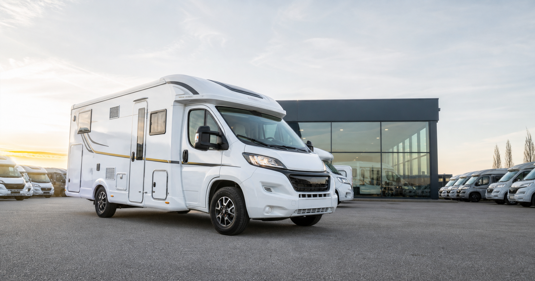 Camping-car d’occasion exposé devant une concession