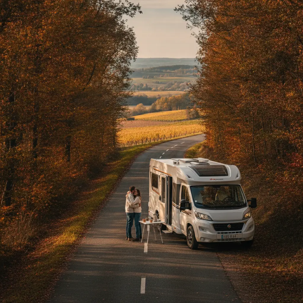 Camping-car pour voyager à deux toute l'année stationné en bord de campagne française en automne