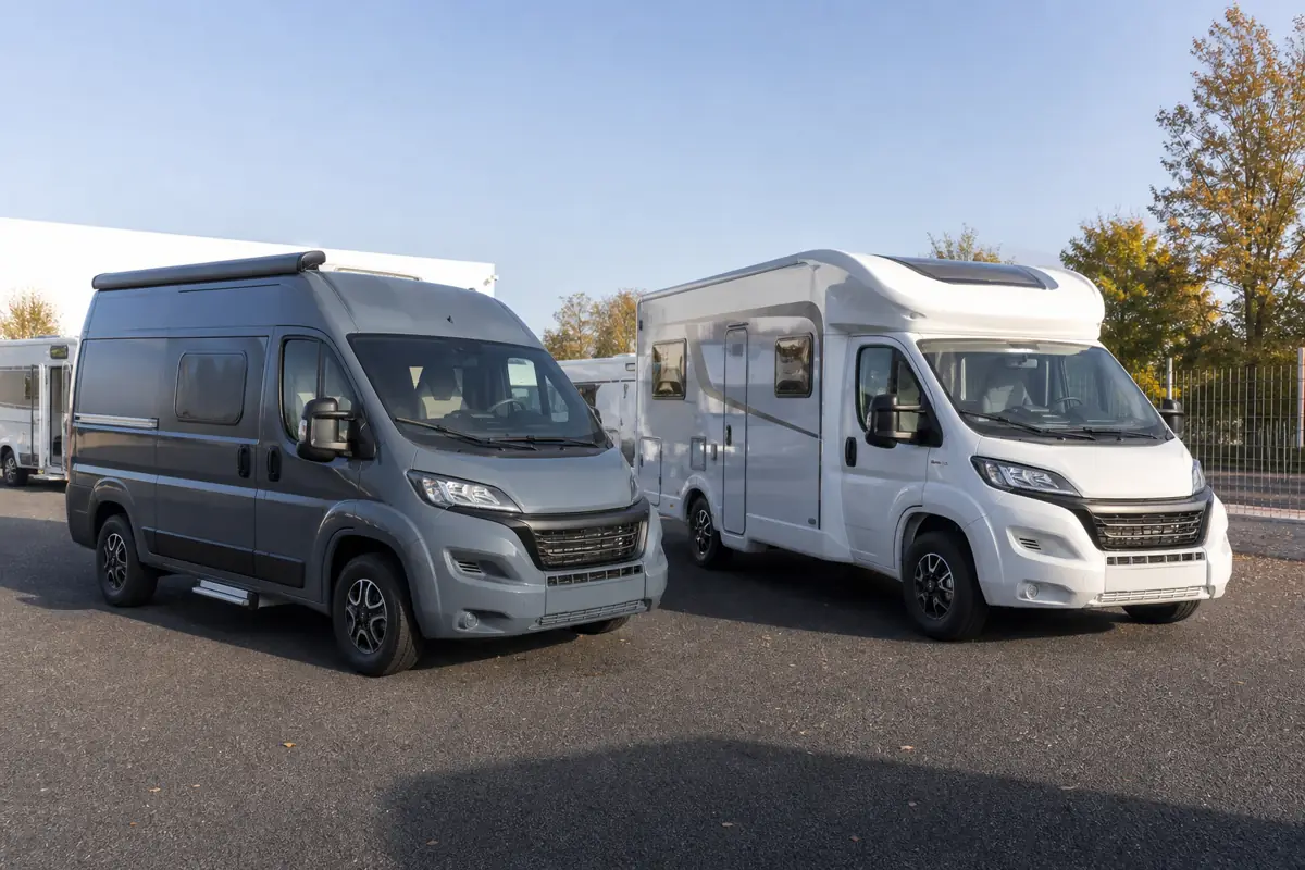 Comparatif entre un fourgon aménagé et un camping-car sur parc de concession