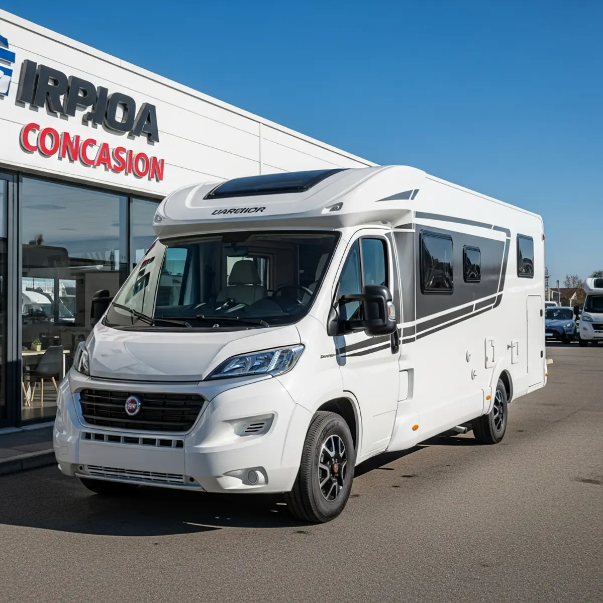 Camping-car exposé devant une concession, ambiance professionnelle