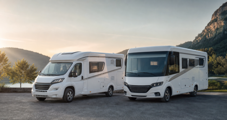 Camping-car profilé et camping-car intégral stationnés côte à côte pour illustrer leur comparaison