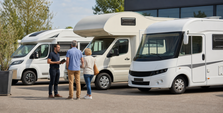 Comparaison de plusieurs camping-cars en concession avec un couple et un conseiller
