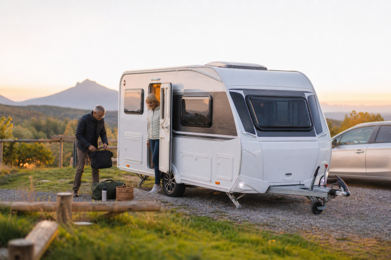 Caravane compacte pour un couple prête au départ sur une aire calme