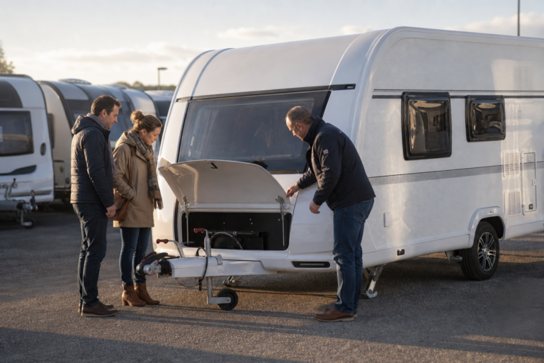 Couple examinant une caravane avec un professionnel sur un parc de concession