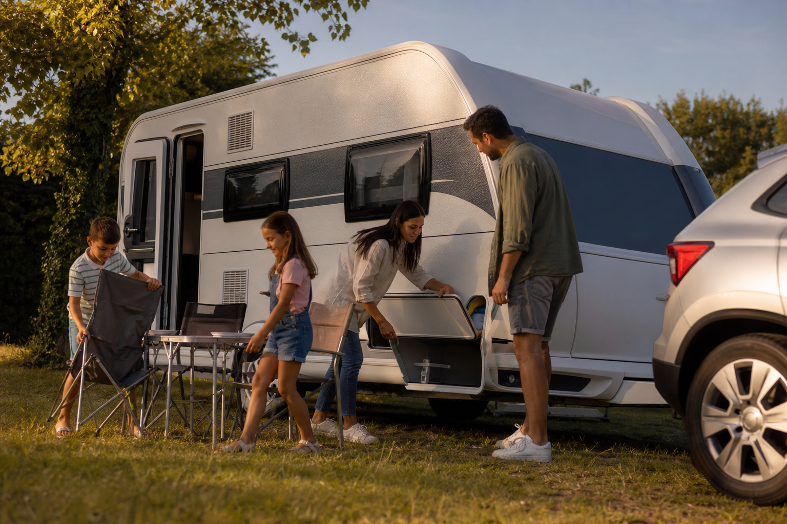 Caravane familiale installée sur un emplacement de camping avec un couple et deux enfants en préparation de séjour