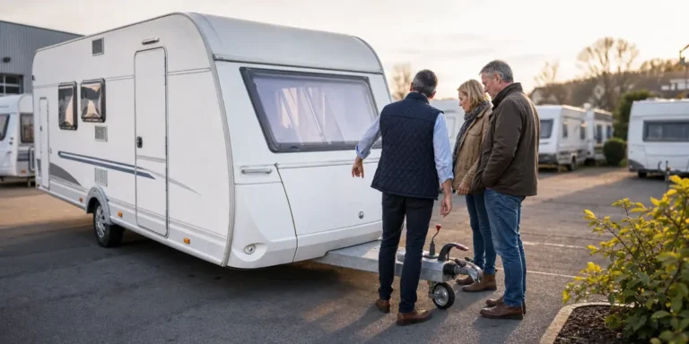 Couple examinant une caravane d’occasion sur un parc de concession dans l’Yonne