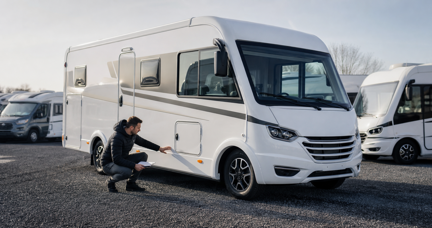 Inspection visuelle d’un camping-car d’occasion sur parc de concession